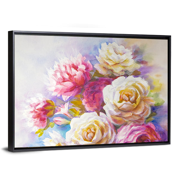 Watercolor Roses and Peonies Canvas Wall Art in white, yellow and pink, framed canvas, product view on a white background