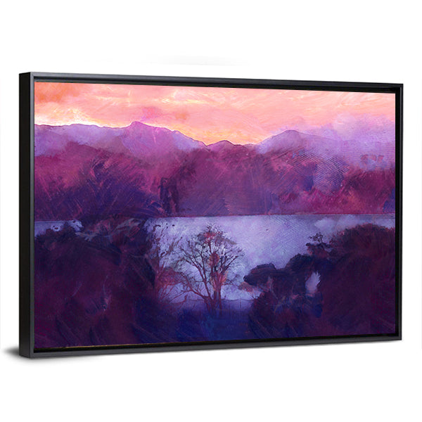 Purple Dusk Over Mountain Lake Canvas Wall Art in purple and pink, framed canvas, product view on a white background