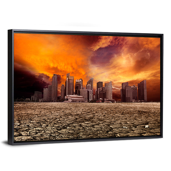 Apocalyptic City Skyline Over Cracked Earth Canvas Wall Art