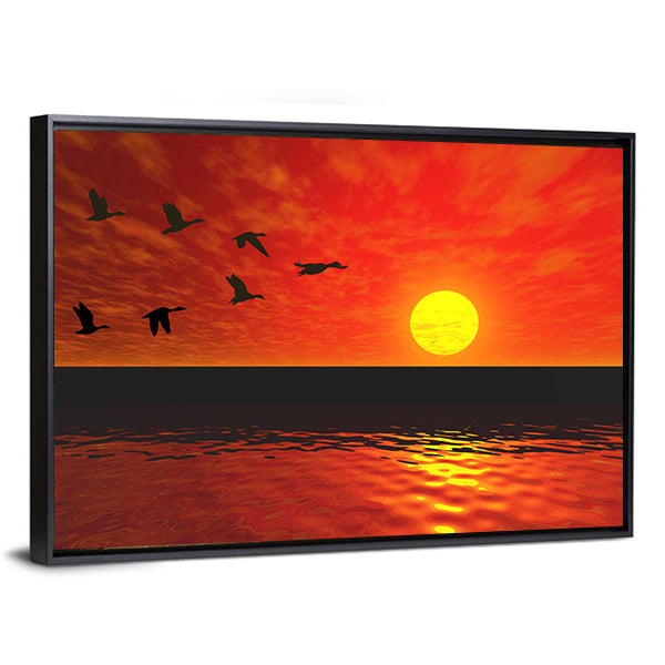 Flying Ducks At Sunset Canvas Wall Art