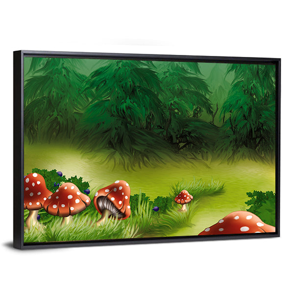 Fly Agaric Mushroom Illustration Canvas Wall Art in red and green, framed canvas, product view on a white background