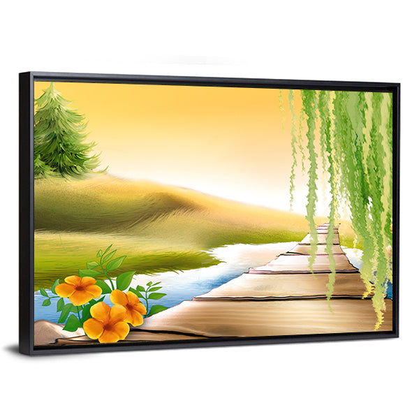 Wooden Footbridge Over Meadow Stream Canvas Wall Art in brown, yellow and green, framed canvas, product view on a white background