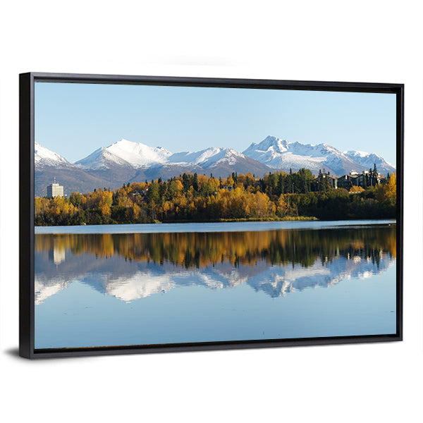 Anchorage Coastline in Alaska Canvas Wall Art in white, yellow and blue, framed canvas, product view on a white background
