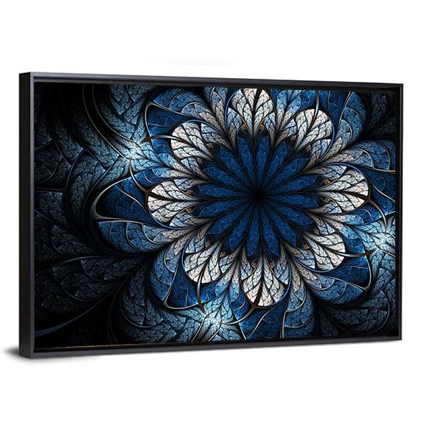 Fractal Flower Mandala Canvas Wall Art in black, white and blue, framed canvas, product view on a white background