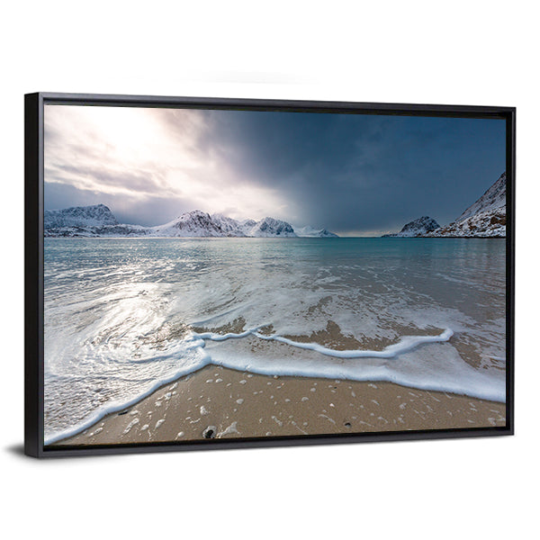 Haukland Beach Lofoten Norway Canvas Wall Art in white, gray and blue, framed canvas, product view on a white background