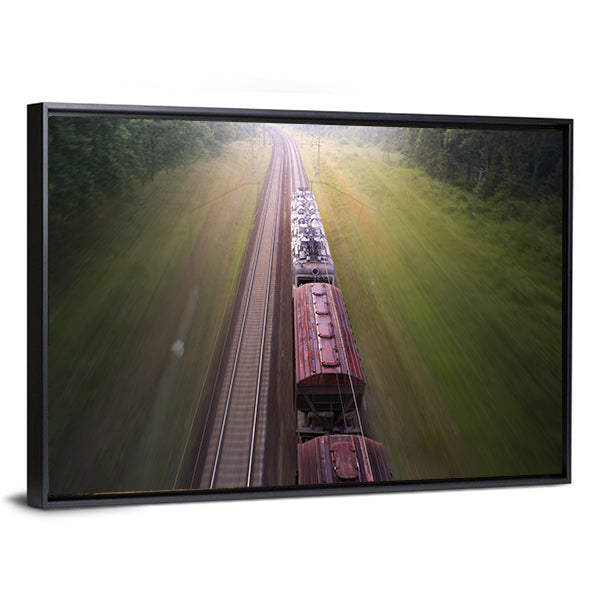 Freight Train Travels Through Foggy Forest Canvas Wall Art