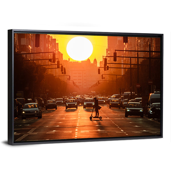 Sunset City Street with Scooter Canvas Wall Art
