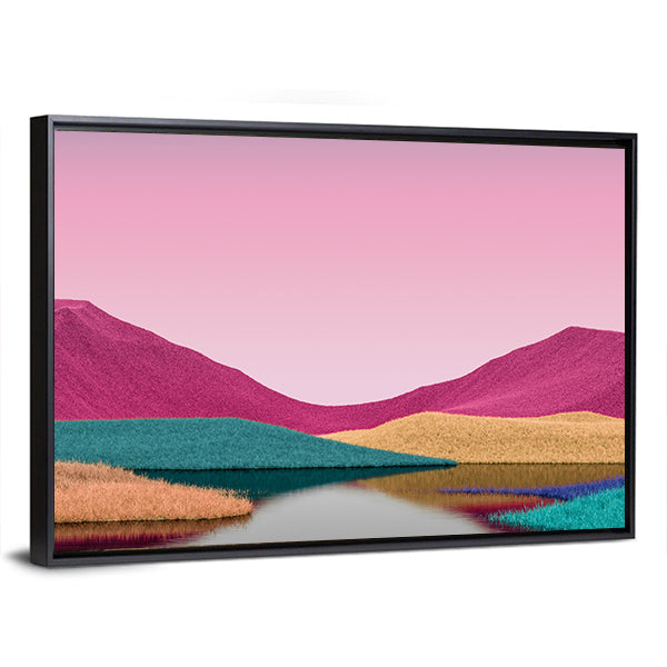 Surreal Pink Mountains with Reflective Lake Canvas Wall Art