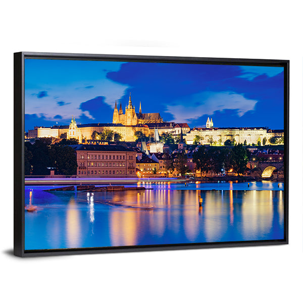 Prague Castle at Night Canvas Wall Art in gold, yellow and blue, framed canvas, product view on a white background