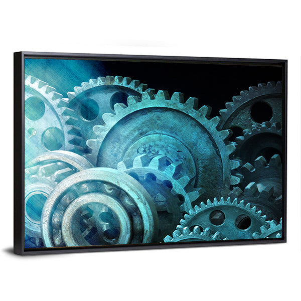 Industrial Cogs Gears Canvas Wall Art in black, gray and blue, framed print, product view on a white background