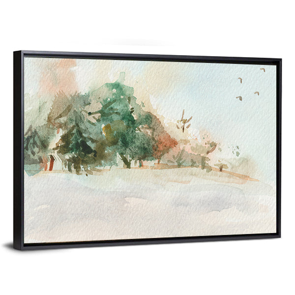 Misty Morning Landscape with Trees Canvas Wall Art