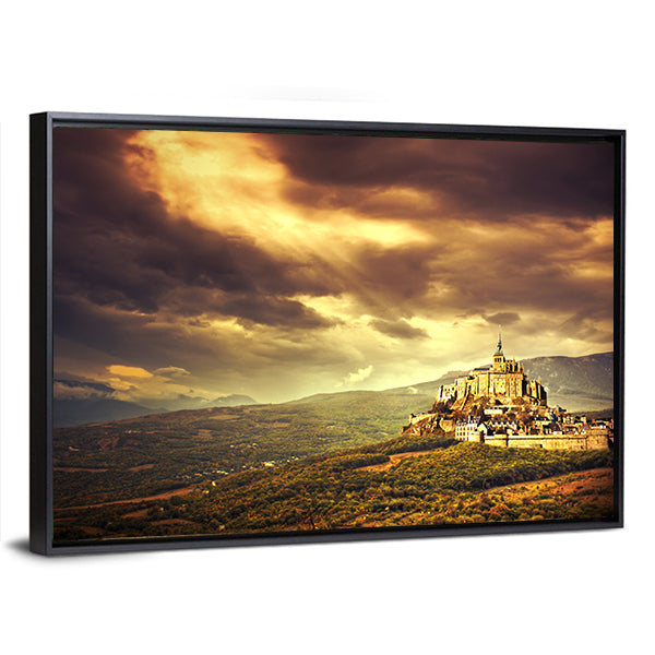 Medieval Castle on Hill at Sunset Canvas Wall Art in brown, orange and yellow, framed canvas, product view on a white background