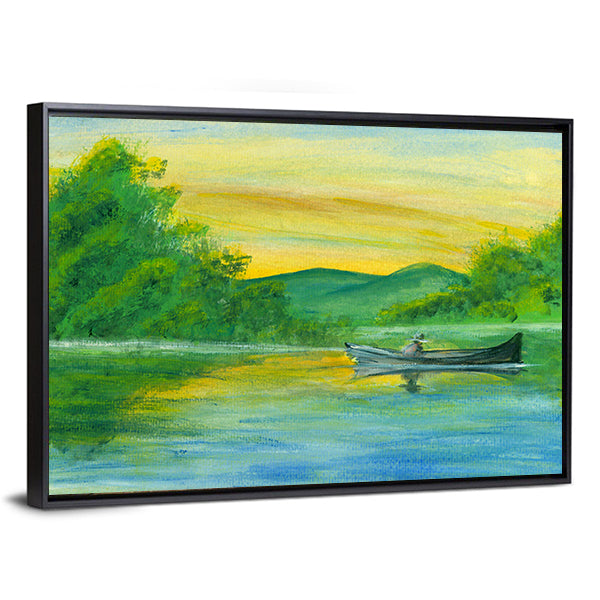 Watercolor Lake with Rowboat at Sunrise Canvas Wall Art