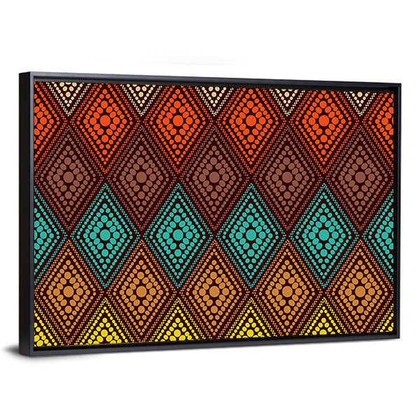 Dotted Diamond Geometric Pattern Canvas Wall Art in brown, orange and multicolor, framed canvas, product view on a white background
