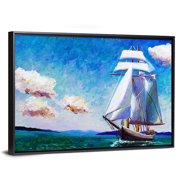 Oil Painted Sailing Ship Canvas Wall Art in white, green and blue, framed canvas, product view on a white background