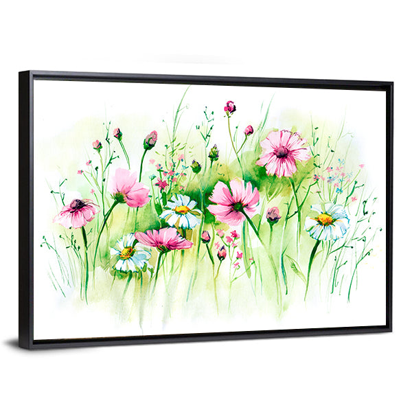 Pink Cosmos and White Daisies Meadow Canvas Wall Art in white, green and pink, framed canvas, product view on a white background