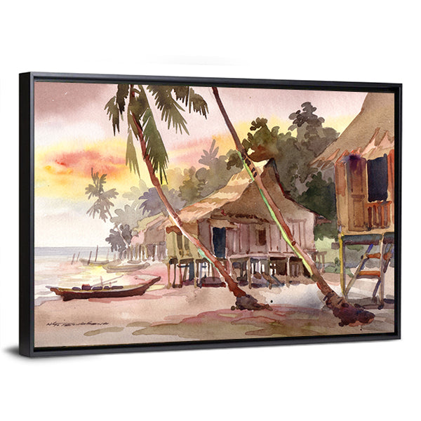 Watercolor Stilt Houses at Sunset Canvas Wall Art