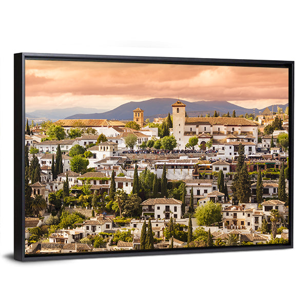 Sunset Over Granada Canvas Wall Art in beige, orange and green, framed canvas, product view on a white background