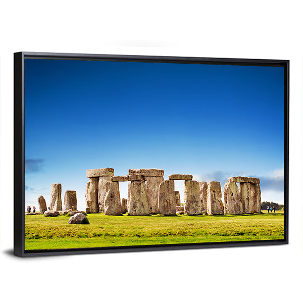 Stonehenge Stone Circle in England Canvas Wall Art in gray, green and blue, framed canvas, product view on a white background