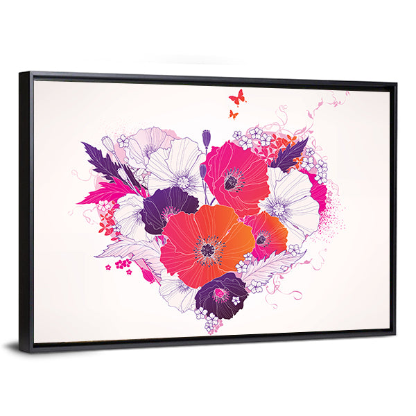 Colorful Floral Heart with Poppies Canvas Wall Art