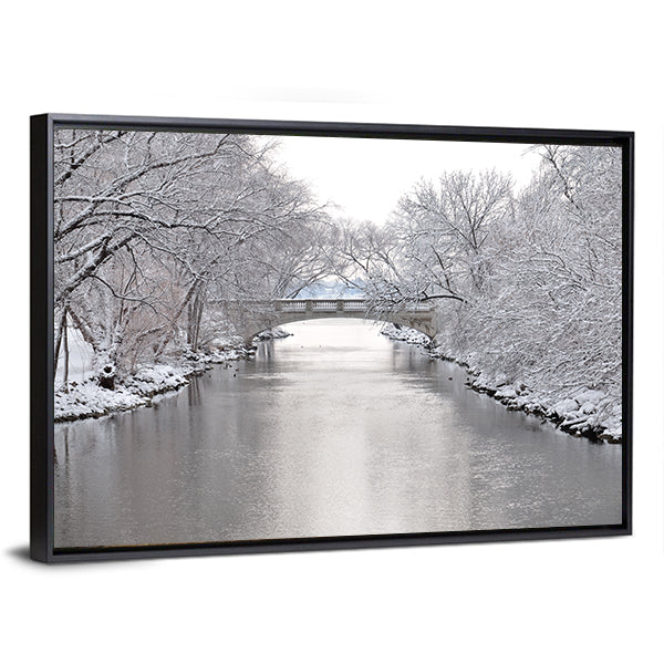 Yahara River In Madison Wisconsin Canvas Wall Art in white and gray, framed canvas, product view on a white background