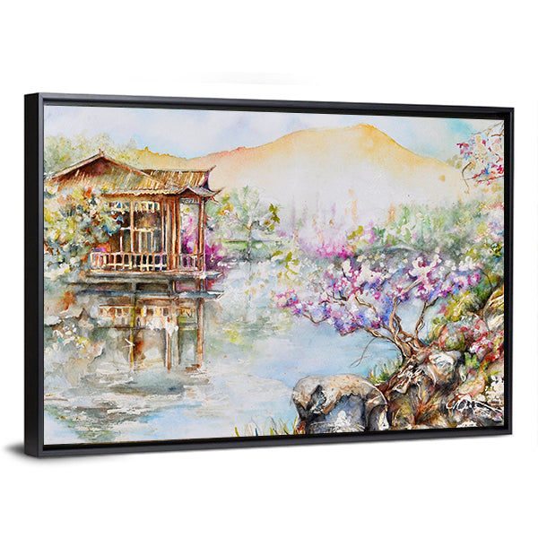 West Lake Stilt House with Pink Blossoms Canvas Wall Art