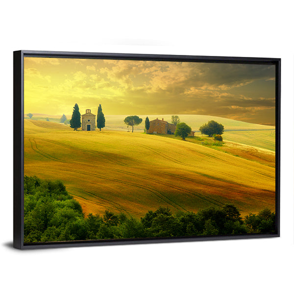 Tuscany at Sunset Canvas Wall Art in gold, yellow and green, framed canvas, product view on a white background