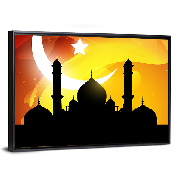 Glowing Ramadan Mosque Silhouette Canvas Wall Art in black, orange and yellow, framed canvas, product view on a white background
