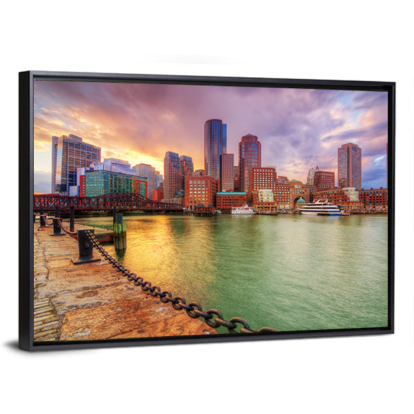 Boston Harbor Skyline at Sunset Canvas Wall Art in orange, blue and purple, framed canvas, product view on a white background