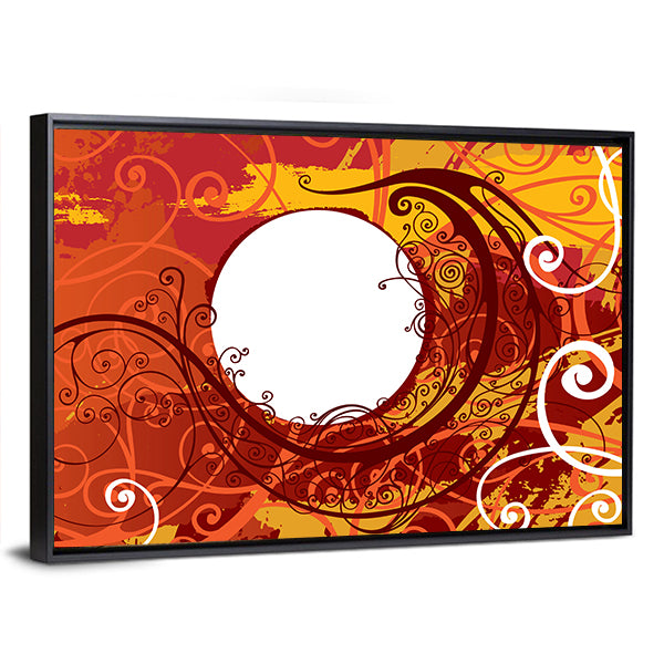 Maroon Floral Scrollwork Ornament Canvas Wall Art in red, orange and yellow, framed canvas, product view on a white background