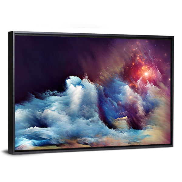 Energy of Dreams Nebula Canvas Wall Art in blue, purple and multicolor, framed canvas, product view on a white background