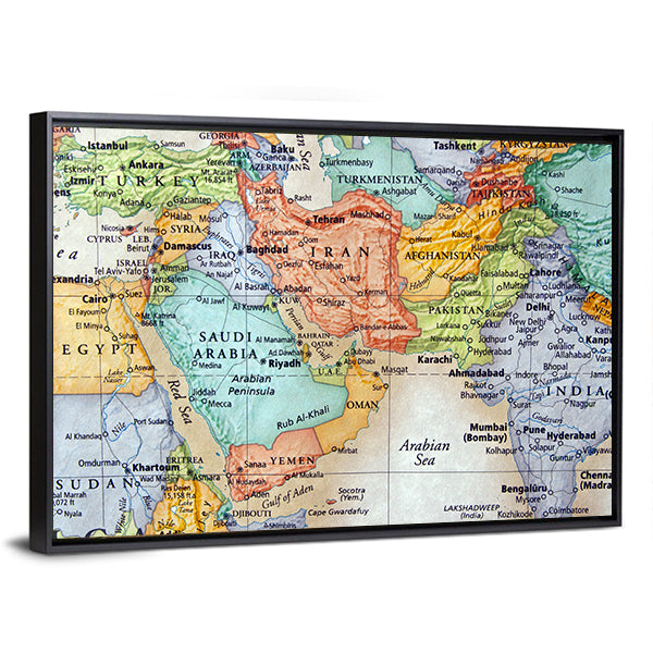 Map Of Middle East Canvas Wall Art in beige, blue and multicolor, framed canvas, product view on a white background