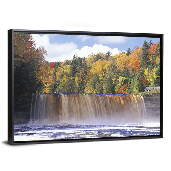 Autumn Waterfall in Michigan Canvas Wall Art in brown, yellow and green, framed canvas, product view on a white background
