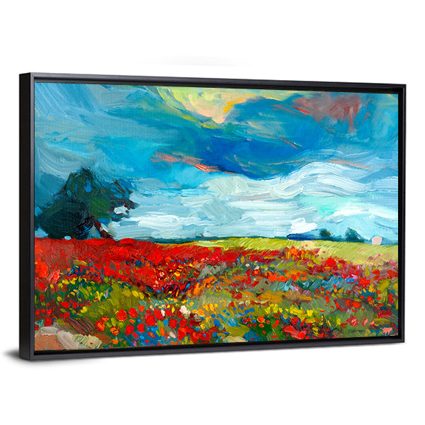 Red Poppy Field Abstract Landscape Canvas Wall Art