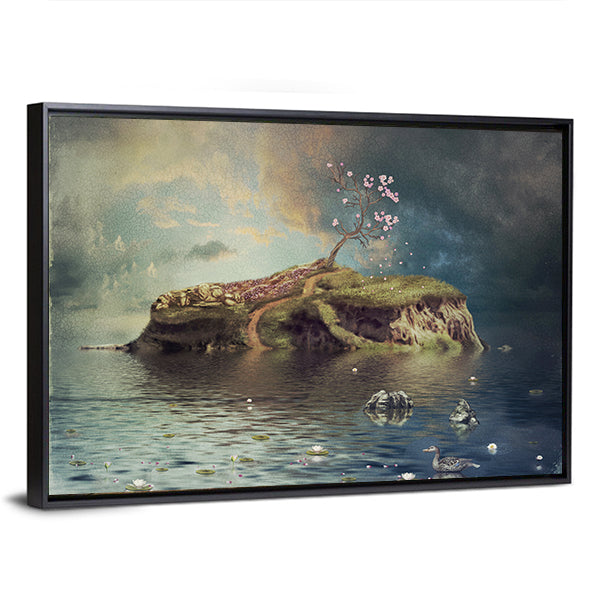 Calm River Island at Dusk Canvas Wall Art in gray, green and blue, framed canvas, product view on a white background