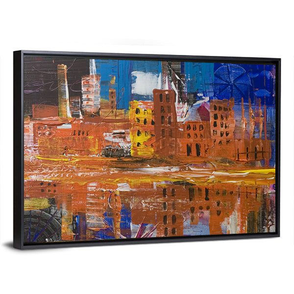 Metropolis Dusk Reflected Skyline Canvas Wall Art in brown, orange and blue, framed canvas, product view on a white background