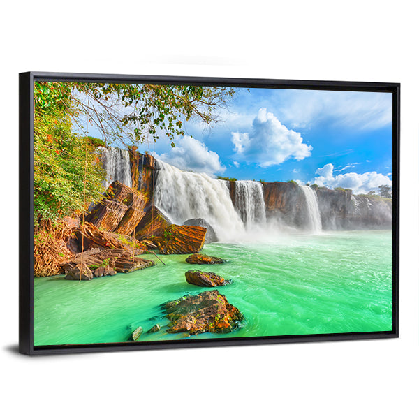 Dry Nur Waterfall In Vietnam Canvas Wall Art in white, green and blue, framed canvas, product view on a white background