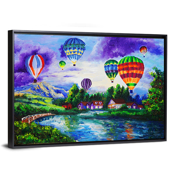 Hot Air Balloons Over River Village Canvas Wall Art in green, blue and purple, framed canvas, product view on a white background