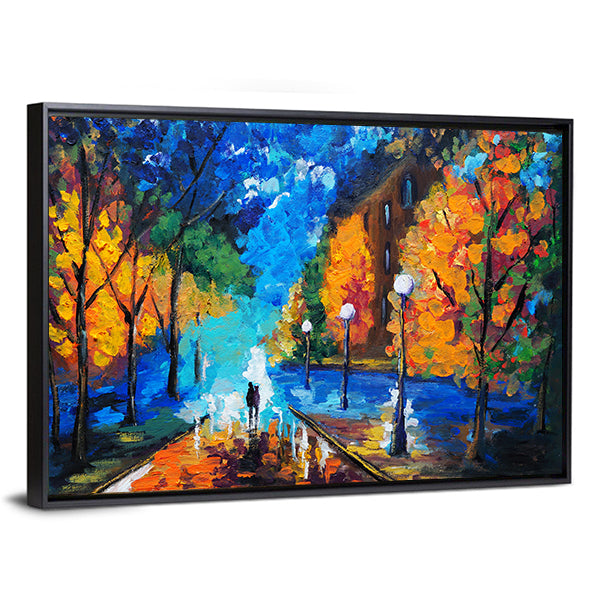 Autumn Couple Under Glowing Streetlights Canvas Wall Art in orange, yellow and blue, framed canvas, product view on a white background
