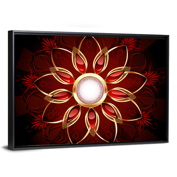Modern Red and Gold Floral Mandala Canvas Wall Art in black, gold and red, framed canvas, product view on a white background