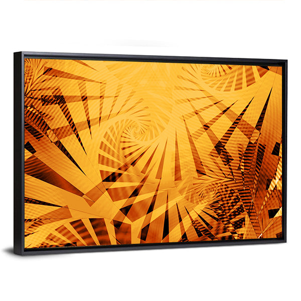 Golden Fractal Spiral Artwork Canvas Wall Art in black, gold and yellow, framed canvas, product view on a white background