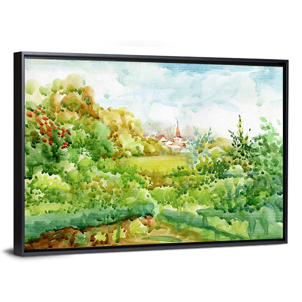 Village Watercolor Landscape with Red-roofed Church Canvas Wall Art