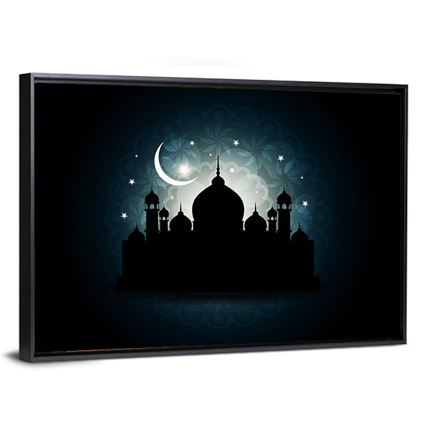 Mosque Silhouette with Crescent Moon and Mandala Canvas Wall Art in black, white and blue, framed canvas, product view on a white background