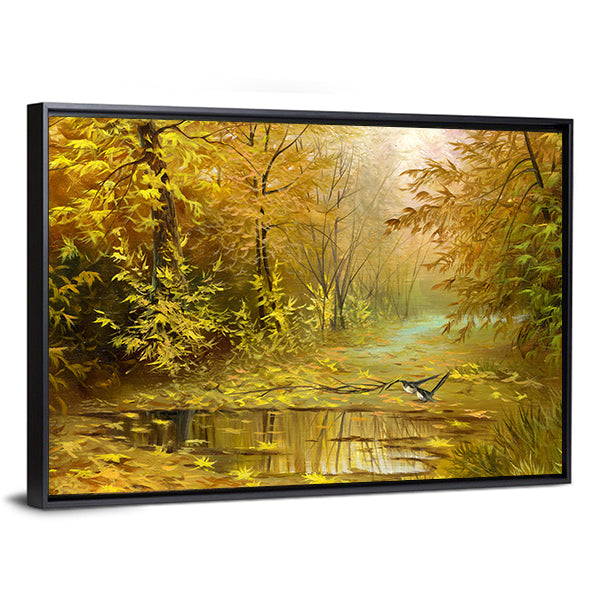 Golden Autumn Forest with Reflecting Puddle Canvas Wall Art in brown, gold and yellow, framed canvas, product view on a white background