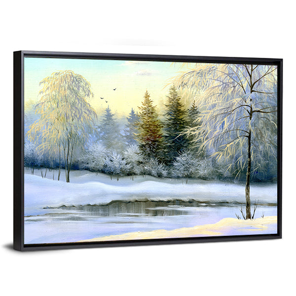 Snow-covered Forest and Frozen River Canvas Wall Art