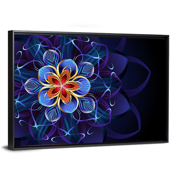 Navy Blue Geometric Flower Mandala Canvas Wall Art in blue, navy and purple, framed canvas, product view on a white background