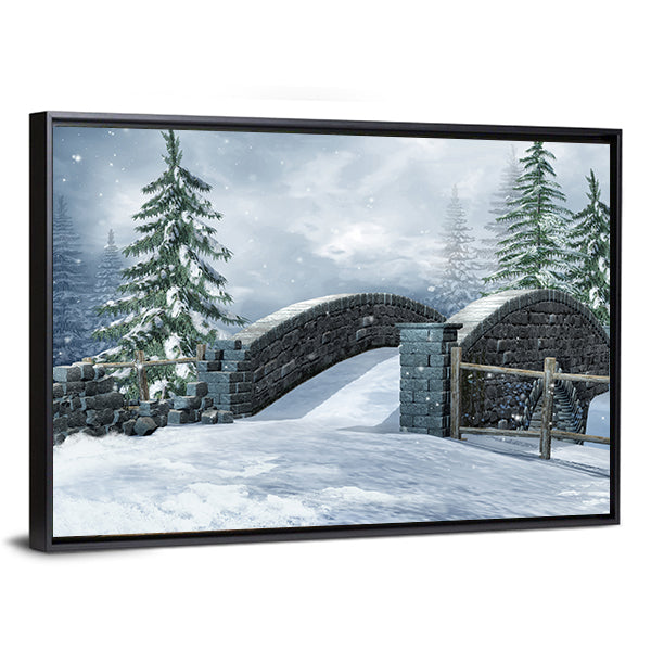 Stone Bridge on a Winter Meadow Canvas Wall Art in white, gray and blue, framed canvas, product view on a white background