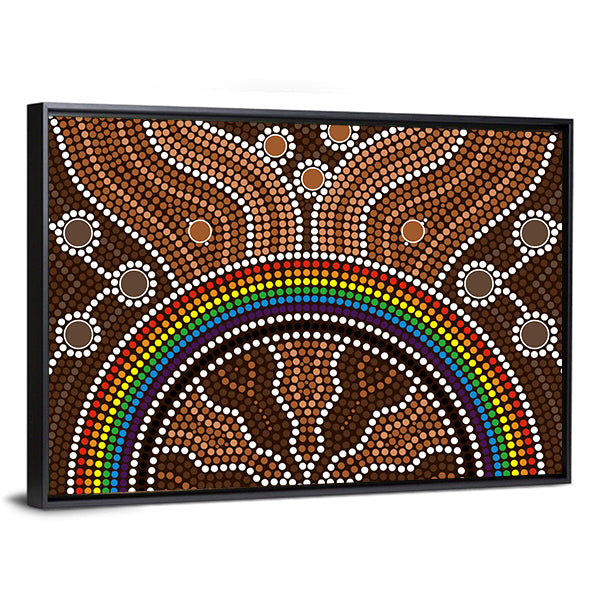 Aboriginal Rainbow Dot Painting Canvas Wall Art in brown and multicolor, framed canvas, product view on a white background