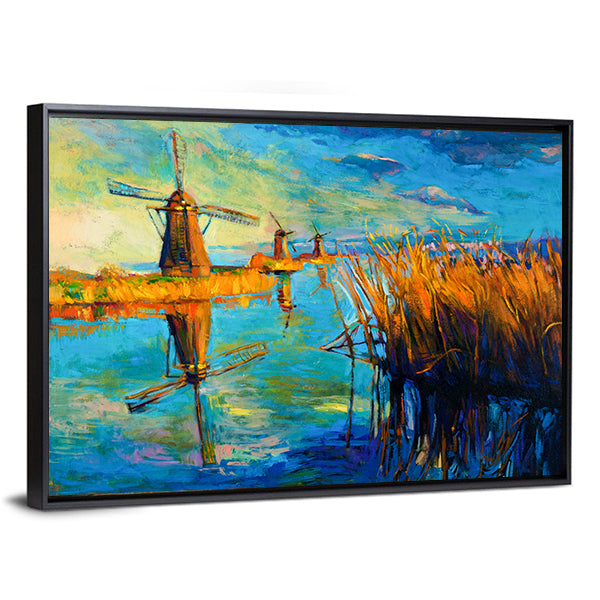 Windmill Landscape at Sunset Canvas Wall Art