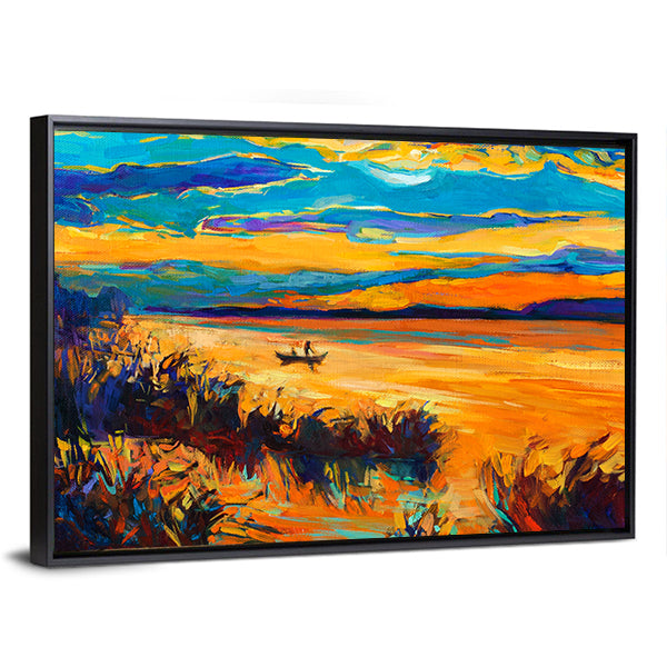 Rowboat on Lake at Sunset Canvas Wall Art